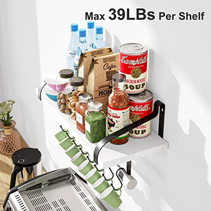 Love-KANKEI 17.3"Floating Wall Shelves Set of 2,Solid Wood,Coffee Bar,White | Spice Rack,Towel Bar/8 Hooks,39 Lbs/shelf,Easy to Install,For Kitchen,Bathroom,Living Room,Bedroom,Office,Entryway Display - color: White