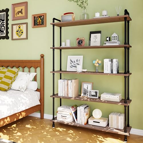 Industrial Bookshelf, Pipe Shelf Bookcase, 5 Tier, 48" Weathered Brown | Solid pine shelves, 48 inch wide, black pipe frame, 50 lbs per shelf, open bookcase for books, plants, office - color: Weathered Brown, size: 48"L × 70"H