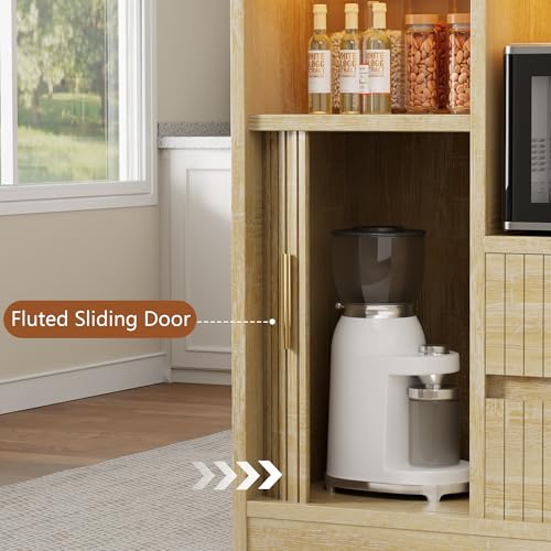 Kitchen Island on Wheels, Rolling Island Cart with Power Outlet | & RGB LED Light, Movable Buffet Cabinet with Fluted Sliding Door, 2 Drawers, Microwave Cart, Large Countertop, Natural - color: Natural