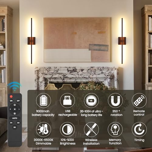 Battery Operated Wall Sconces Set of Two, 11000mAh LED Wireless Faux Walnut Finish Wall Lights with Remote, 350°Rotate Dimmable Wall Lamp, 3 Color Temperatures, for Bedroom, Living Room, Hallway - color: Walnut Finish, size: 2 Pack