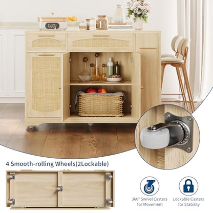 Garvee Rolling Kitchen Island Table on Wheels with Drop Leaf, Tilt Out Trash Can Cabinet, Storage Cabinet, Drawer, Spice Rack, Kitchen Cart, 53.1" Wide, Natural - color: Natural
