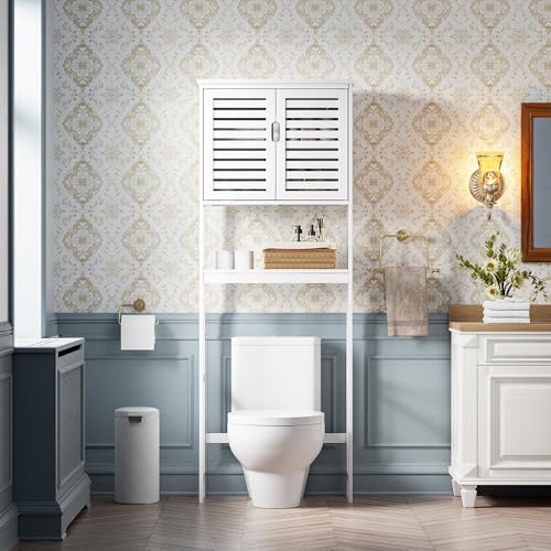 SMIBUY Bathroom Over The Toilet Storage Cabinet, 2 Door Bamboo Cabinet Organizer, Freestanding Space Saver Toilet Rack with Adjustable Inside Shelf and Open Shelf (White) - color: White