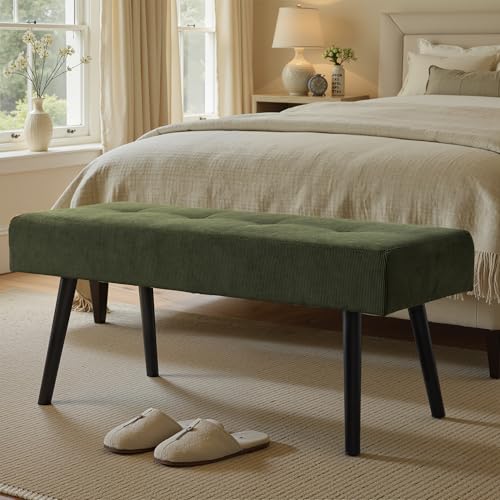 Comfy to go Entryway Bench - Green Bench for Bedroom, Modern Ottoman End of Bed, Corduroy Padded Benches for Living Room, Foyer, Mudroom, Hallway - 39" L x 14" W x 17" H | Corduroy Padded Benches for Living Room, Foyer, Mudroom, Hallway - 39" L x 14" W x