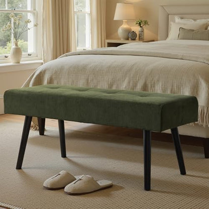 Comfy to go Entryway Bench - Green Bench for Bedroom, Modern Ottoman End of Bed, Corduroy Padded Benches for Living Room, Foyer, Mudroom, Hallway - 39" L x 14" W x 17" H | Corduroy Padded Benches for Living Room, Foyer, Mudroom, Hallway - 39" L x 14" W x