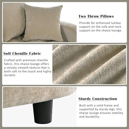 55" Modern 2-Seater Chaise Lounge Sofa Bed - Chenille Upholstered Loveseat Couch with Tufted Seat & Detachable Pillows, Space-Saving Sleeper Sofa (Champagne) - color: Champagne