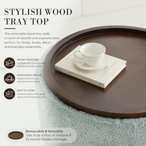 Zihanhome 30" Round Chenille Storage Ottoman Coffee Table with Removable Tray Top, Large Hidden Storage Ottoman, Solid Wood Legs for Living Room, Bedroom, Apartment (Teal) - color: Teal