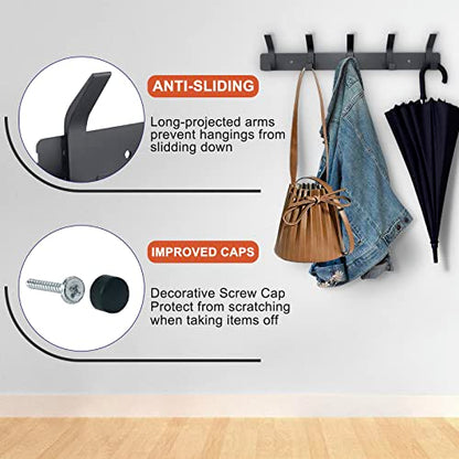 Coat Rack Wall Mounted,5 Coat Hooks for Hanging Coats,Heavy Duty Metal Double Hook Rack Hook Rail,Coat Rack with Hooks,Wall Mount Coat Hanger for Hat Towel Purse Robes ,Black,2Pack (Black2, 5 Hooks) - color: Black2