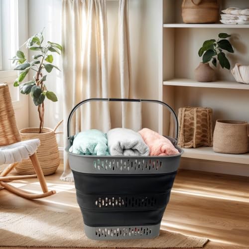 SAMMART 38L (10 Gallon) Collapsible Plastic Laundry Basket - Portable Pop-Up Storage Container/Organizer – Foldable Space Saving Laundry Hamper (2, Grey/Black) - color: Grey/Black
