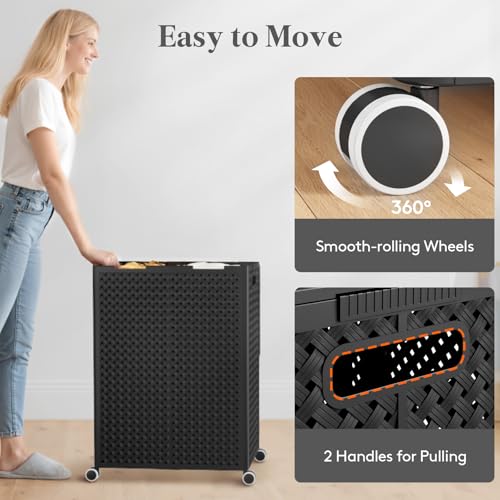 Lifewit 110L Plastic Double Laundry Basket with Lid, Collapsible 2 Section Clothes Hamper with Wheels and Removable Bags, Large Rolling 2 Compartment Bin for Laundry Room Bedroom Bathroom, Black