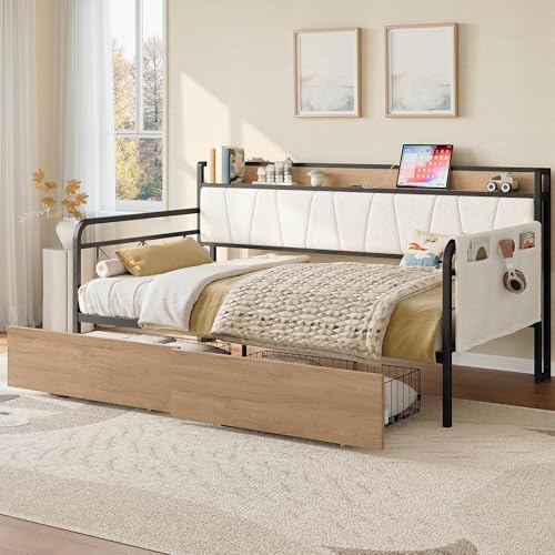 LIKIMIO Twin Daybed, Day Bed Frame with 2 Storage Drawers, Charging Station | Sofa Daybed with Boucle Upholstered Headboard, Storage Shelf & Bag, Strong Supports for Bedroom and Guest Room, Cream