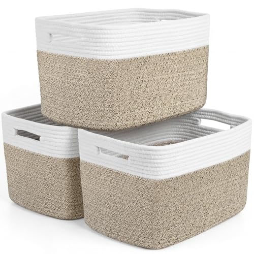 Storage Baskets for Organizing, 14 x 10 x 9” Closet Shelf Woven Baskets, Square Bins with Handles, Cotton Rope Basket for Clothes, Office, Room, White+Rice Brown 3 Pack - color: White+Rice Brown, size: 3pcs