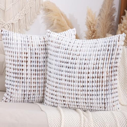 LUOYEHK Boho Throw Pillow Covers 24x24 Inch Set of 2 Chenille Tufted Pillowcase Farmhouse Neutral Cushion Covers for Couch Sofa Bed Living Room, Brown White - color: Brown White, size: 24" x 24" (Pack of 2)