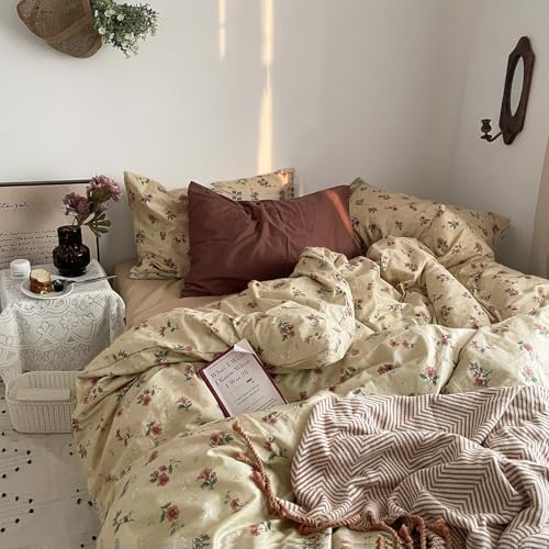 MKXI Yellowish Beige & Red Floral Duvet Cover Set Twin Size - 3 Piece Vintage Country Bedding Set with Floral & Green Leaf Patterns, 100% Cotton Soft Aesthetic Duvet Cover with Ties & Pillowcases - color: 003 Vintage Floral, size: Twin