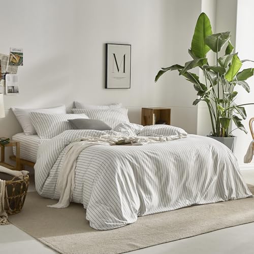 JELLYMONI 100% Cotton Vertical Stripe Queen Duvet Cover Set, Grey | Breathable and Soft, Classic Stripes, 8 Corner Ties & Double Hidden Zipper, For Master Bedroom & Guest Room - color: White/ Gray, size: Queen(90"×90")