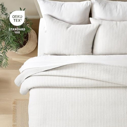 100% Cotton Modern Grid Stitch Quilt Set Queen Size, Bright White | Pre-Washed Cotton Coverlet Bedspread, Oversized Lightweight 3-Piece Bedding Set for All Season, with 2 Pillow Shams - color: Bright White, size: Full/Queen (96" X 94")