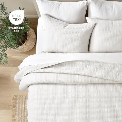 100% Cotton Modern Grid Stitch Quilt Set, King Size, Bright White | Pre-Washed Cotton Coverlet Bedspread, Oversized Lightweight 3-Piece Bedding Set for All Season, with 2 Pillow Shams - color: Bright White, size: King (110" X 94")