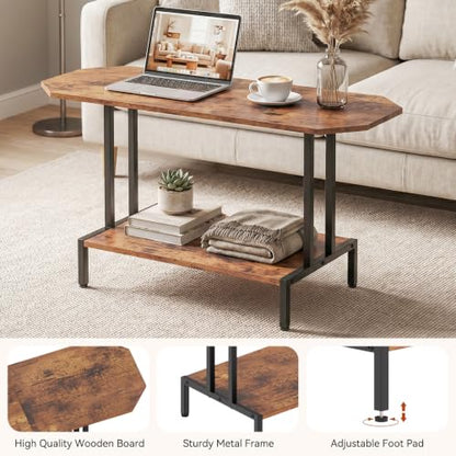 Small Coffee Tables for Living Room Wood Tea Table | 2-Tier Center Table, Industrial Rectangle Coffee Table, for Large or Small Spaces, with Storage Shelf, Wood Tabletop