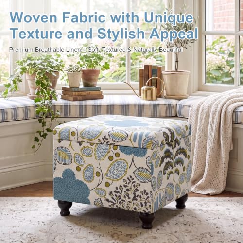 Adeco Colorful Storage Ottoman with Storage, 21" Linen Fabric Ottoman Foot Rest Stool with Hinged Lid with Blue Leaf Pattern, 360 LB Load Capacity, Living Room, Bedroom, Entryway - color: Blue Leaf Pattern
