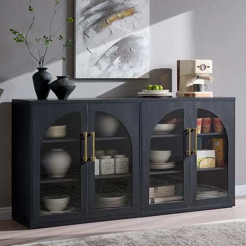 Glass Arched Door Sideboard Buffet Cabinet Set of 2, Black | Modular, Multi-Compartment Storage, Adjustable Shelf, Soft Close Hinges, Freestanding, for Dining Room, Living Room - color: Black