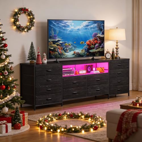 EnHomee 12 Drawers Dresser for Bedroom,TV Stand Fits 55/65/70 inch TVs | Entertainment Center with LED Lights & Power Outlets,Long Fabric Dresser with 2 Wood Shelves for Living Room,Black Wood Grain - color: Black Wood Grain