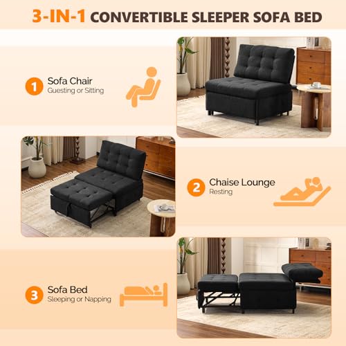 VINGLI Convertible Sofa Bed Tufted Teddy Fleece Sleeper Chair Bed Couch Armless Living Room Chairs with Adjustable Backrest Pull Out Couch Bed for Small Spaces - color: Black