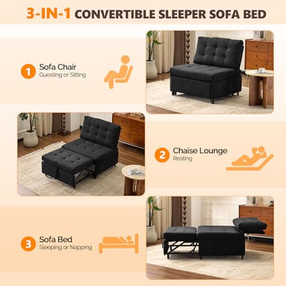 VINGLI Convertible Sofa Bed Tufted Teddy Fleece Sleeper Chair Bed Couch Armless Living Room Chairs with Adjustable Backrest Pull Out Couch Bed for Small Spaces - color: Black