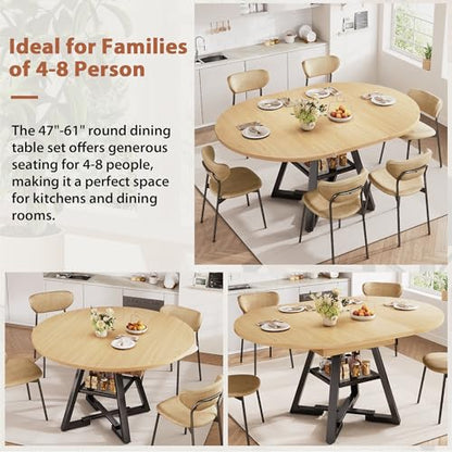 Extendable Dining Table for 4-8, Round Extendable Dining Room Table with Removable Leaf & Storage Shelf, Expandable Oval Kitchen Table with Pedestal Base, Modern Industrial Space Saving (Natural) - color: Natural