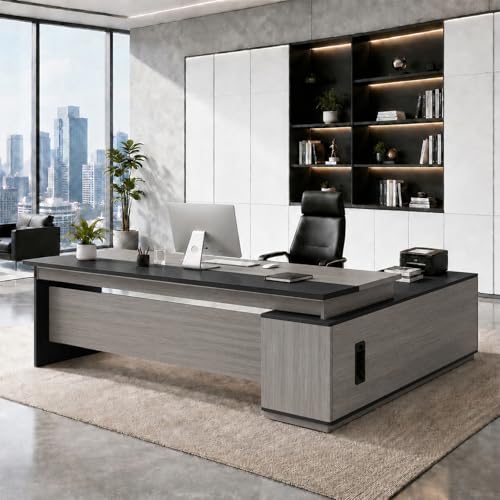 Executive Desk with Storage Cabinet, Modern Office Desk with Side Credenza, Large Manager Desk Workstation for Home Office Business, Durable Wood Desk with Cable Management - color: F3, size: 90.6*31.5*29.5in