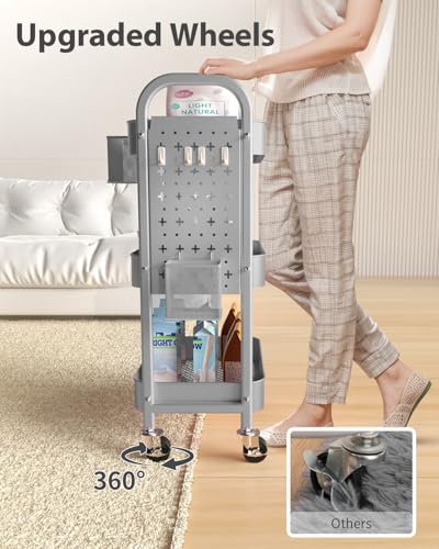 ALVOROG 3 Tier Rolling Cart with DIY Pegboards Metal Utility Cart with Wheels Handles Baskets Hooks, Craft Cart for Office Kitchen Bathroom(Light Gray) - color: Light Gray