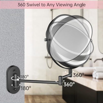 FUNTOUCH 5000mAh Rechargeable Wall Mounted Lighted Makeup Mirror 1X30X | Double Sided 1X 30X Magnifying, 3 Color Lighting, Touch Dimming, Extended Arm 360 Rotation Light up Bathroom Mirror Black - color: Black