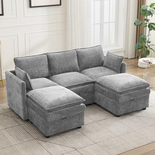 80" Cloud Modular 3 Seater Sofa with 2 Storage Ottoman, Modern Storage Sofa Couch Deep Seat, U Shape Sectional Sofa Chenille Comfy Couch with Armrests for Living Room, Small Space, Light Grey - color: Light Grey, size: 80" 3 Seater+2 Ottoman