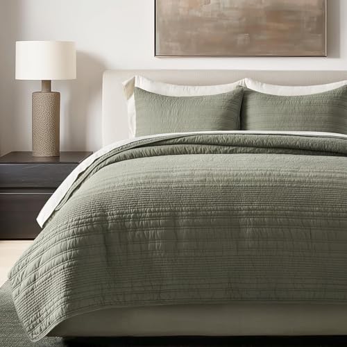 EVERGRACEHOME 100% Cotton Modern Lines Quilt Set Queen Size, Olive Green | Pre-Washed Soft Cotton, Striped Coverlet Bedspread, 3 Piece Lightweight Bedding Set for All Season, with 2 Pillow Shams - color: Olive Green, size: Full/Queen (92" X 92")