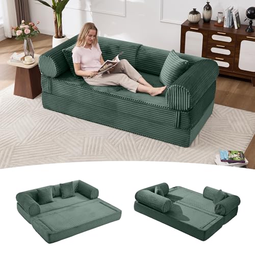 Tbfit 79'' Convertible Sofa Bed, Oversized Corduroy Folding Boneless Couch, Futon Mattress Sleeper Sofa, Comfy Foldable Upholstered Floor Couches for Living Room, Dark Green - color: Dark Green, size: 35.43'' Depth