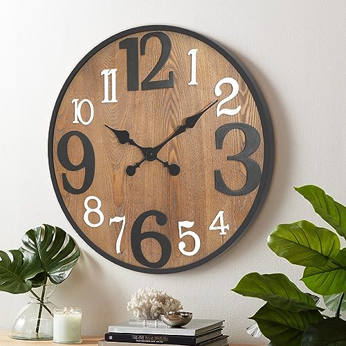 RiteSune 24" Farmhouse Wall Decorative Clock with Large Numerals | Black metal frame, Battery operated, Wood dial, fit for Living Room Home Office Entryway - color: U230040-zf