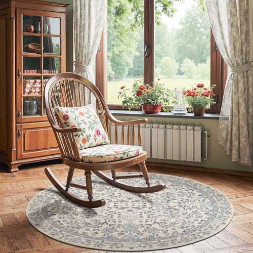 jinchan 5ft Washable Round Area Rug, Soft Floral Non-Slip, Blue/Cream | Low-Pile, Aesthetic Circle Carpet for Entryway Bedroom Kids Room Kitchen College Dorm - color: Blue/Cream, size: 5' (Round)