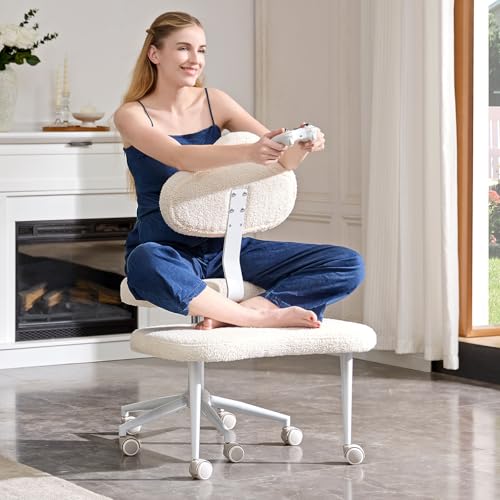 Cross Legged Office Chair with Wheels, Meditation Chair, ADHD Chair for Adults, Wider Height Adjustable Backrest and Seat, Yoga Office Chair, Teddy Fabric, Off White - color: Teddy Fabric Beige, size: Cloud Lounge