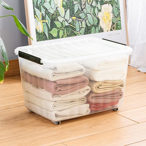 Cetomo 60Qt*4 Plastic Storage Bins, Storage Box, 4 Pack, Organizing Container with Wheels, Durable Lids and Secure Latching Buckles, Stackable and Nestable, Clear with Black Buckle - size: 55L*4