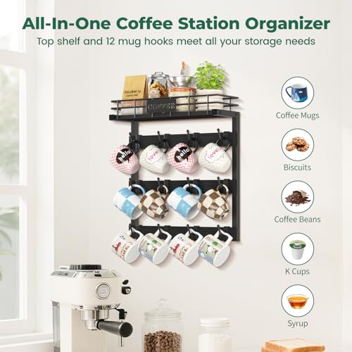 EsLuker.ly Coffee Mug Holder Cup Hanger Wall Mounted Display Rack | Metal Organizer with 12 Movable Plastic Hooks, Wood Rustic Shelf for Coffee Bar Home Kitchen, Thoughtful Wall Storage, Black - style: 12 Movable Hooks Black Style