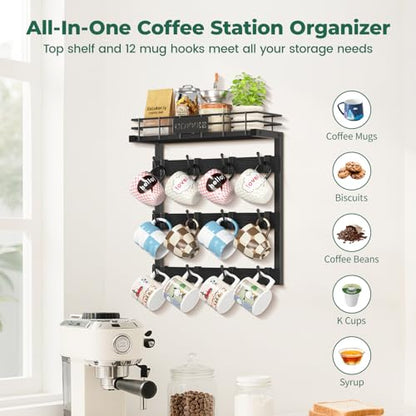 EsLuker.ly Coffee Mug Holder Cup Hanger Wall Mounted Display Rack | Metal Organizer with 12 Movable Plastic Hooks, Wood Rustic Shelf for Coffee Bar Home Kitchen, Thoughtful Wall Storage, Black - style: 12 Movable Hooks Black Style