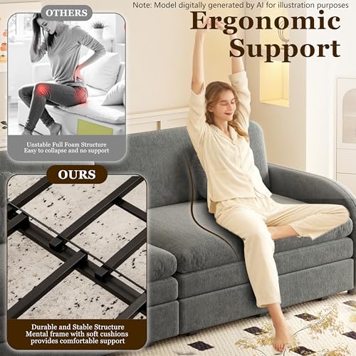 52.4'' Full Size Sleeper Sofa Bed, 3-in-1 Pull Out Chenille Couch, Grey | Cozy Curved Armrest, Loveseat with USB, 2 Round Pillows, Washable Cover, Pocket, for Living Room, Apartment, Small Spaces, RV - color: Grey, size: 52.4'' Full