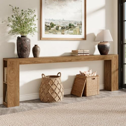 94.5-Inch Extra Long Console Table, Narrow Sofa Behind Couch Table | Farmhouse Wood Entryway Table with USB Outlet & Storage, Sofa Table with Charging Station for Hallway Foyer Living Room, Oak - color: Natural Oak