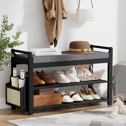 Homaxy 2-Tier Shoe Rack Bench, 31.5 in, Black and Dark Grey | Bamboo Entryway Bench, with Side Holder, Shoe Rack Organizer with Cushion for Front Entrance, Hallway Living Room Bedroom - color: Black and Dark Grey, size: 31.5 in