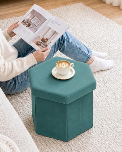 B FSOBEIIALEO Storage Ottoman Cube Hexagonal Pouf Ottomans, Foot Rest Seat for Sofa Footrest Entryway Shoe Footstool for Living Room/Bedroom/Entrway Velvet Blue 16.93"x15"x15" - color: Blue