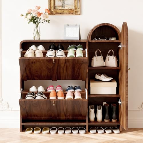 Arched Cabinet with Doors-Shoe Cabinet,Hidden Shoe Rack,Shoe Stand for Entryway Compact Shoe Storage in Walnut Finishes,Mid-Century Style for Entryway - color: Walnut, size: 35.43"D x 9.8"W x 37.4"H（Arched）