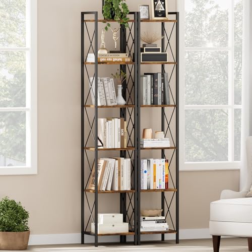 Homhedy 6 Tier Small Bookshelf, Tall Narrow Bookcase, Metal Book Shelf | Industrial Style for Small Spaces, Home, Office, Living Room, Kitchen, Bedroom , 10.4" D x 13" W x 67.4" H, Rustic Brown - color: Rustic Brown, size: 10.4"D x 13"W x 67.4"H
