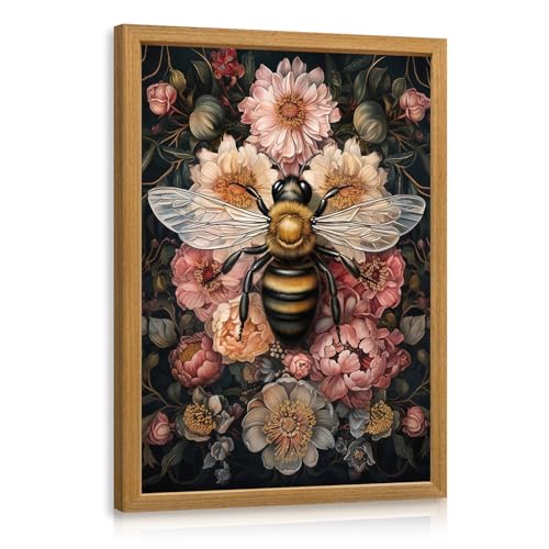 LLEEMPI William Morris Bee Floral Wall Art, 12x16 Wood Framed Print | Vintage bee and floral botanical art in a wood frame for living room, bedroom, nursery or hallway; nature-inspired decor. - color: Bee, size: 16"L x 12"W