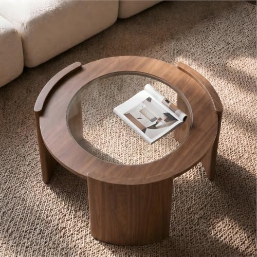 KEIKI Mid-Century Modern Round Coffee Table, 31.5" Wood & Tempered Glass Center Table, Circular Cocktail Table w/Thick Curved Legs, Raised Edge Design for Living Room, Apartment, Walnut Transparent - color: Walnut Transparent