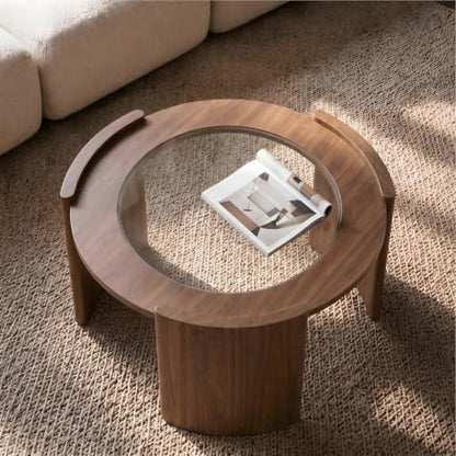 KEIKI Mid-Century Modern Round Coffee Table, 31.5" Wood & Tempered Glass Center Table, Circular Cocktail Table w/Thick Curved Legs, Raised Edge Design for Living Room, Apartment, Walnut Transparent - color: Walnut Transparent