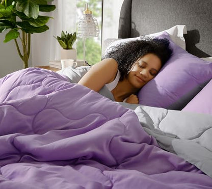 Comfort Spaces Vixie Reversible Comforter Set - Trendy Casual Geometric Quilted Cover, All Season Down Alternative Cozy Bedding, Matching Sham, Lavendar/Gray, Twin/Twin XL 2 piece | Down Alternative, All Season, Bedding for Bedroom, Geometric Pattern, Rev