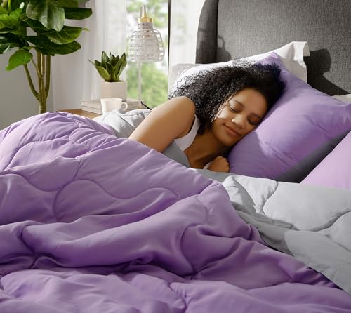 Comfort Spaces Vixie Reversible Comforter Set - Trendy Casual Geometric Quilted Cover, All Season Down Alternative Cozy Bedding, Matching Sham, Lavender/Gray, Full/Queen 3 piece | Down Alternative, All Season, Bedding for Bedroom, Geometric Pattern, Rever